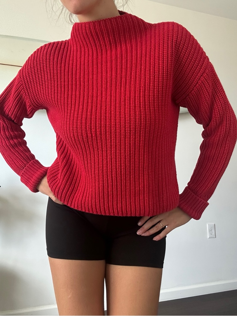 Ribbed Cowl Mock Neck Sweater in Vibrant Red